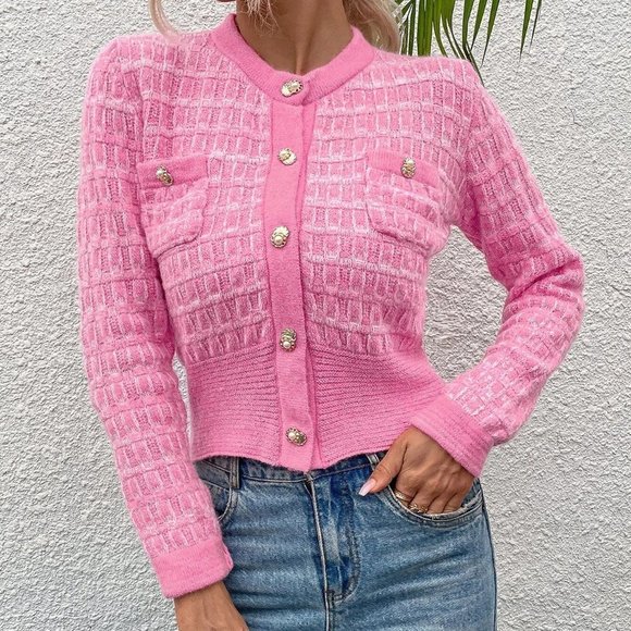 Pink Casual Womens Pocket Patched Button Front Cardigan - Picture 4 of 5